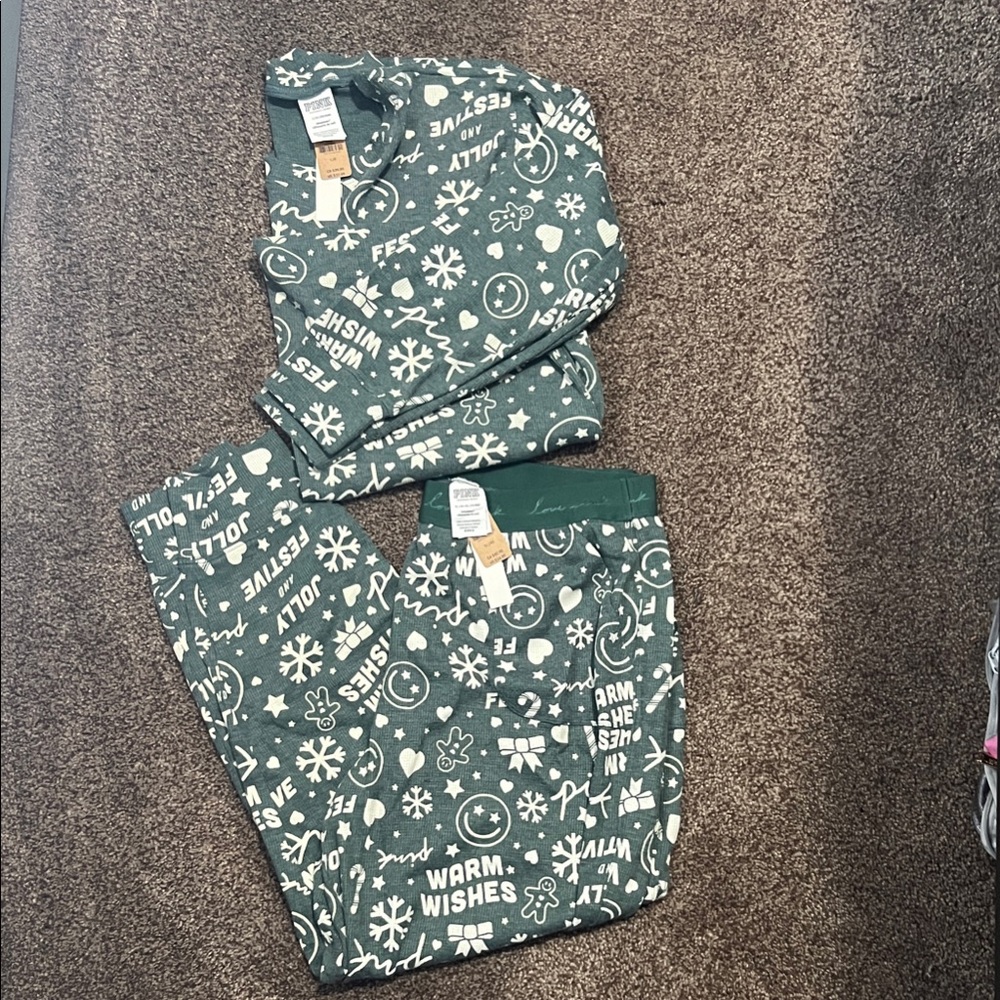 PINK Victoria's Secret Green Holiday Pajama Set